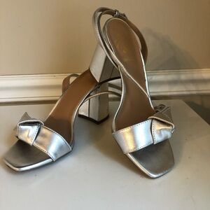 Silver Metallic Block Heel Sandals with Knotted Front Strap